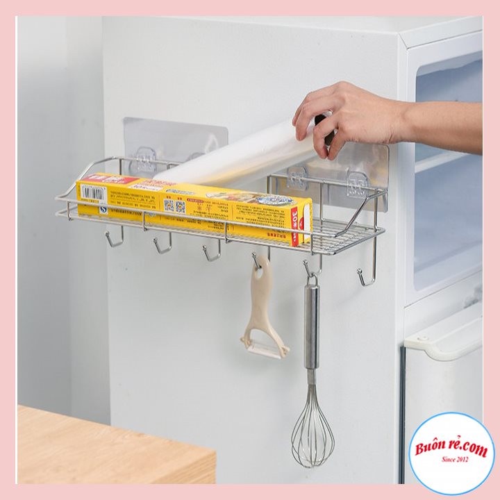 Kệ nhà tắm inox dán tường nhà bếp kèm 6 móc TẶNG 2 MIẾNG DÁN ĐÔI - Giá inox để đồ phòng tắm chắc chắn 01585 -01586