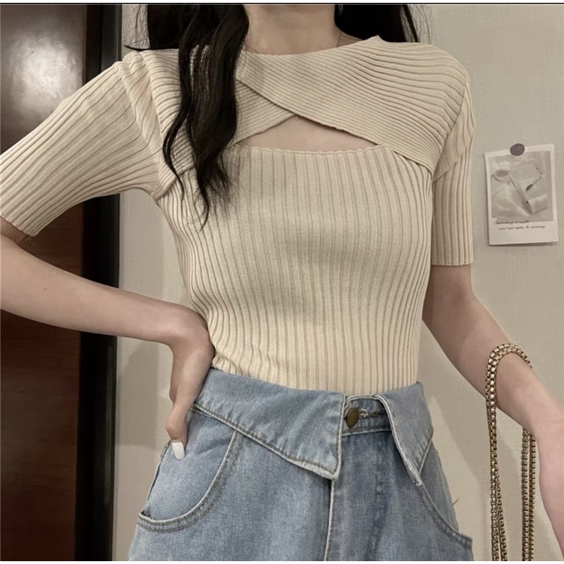 áo len dệt kim kiểu xoắn chéo giữa (8743#)