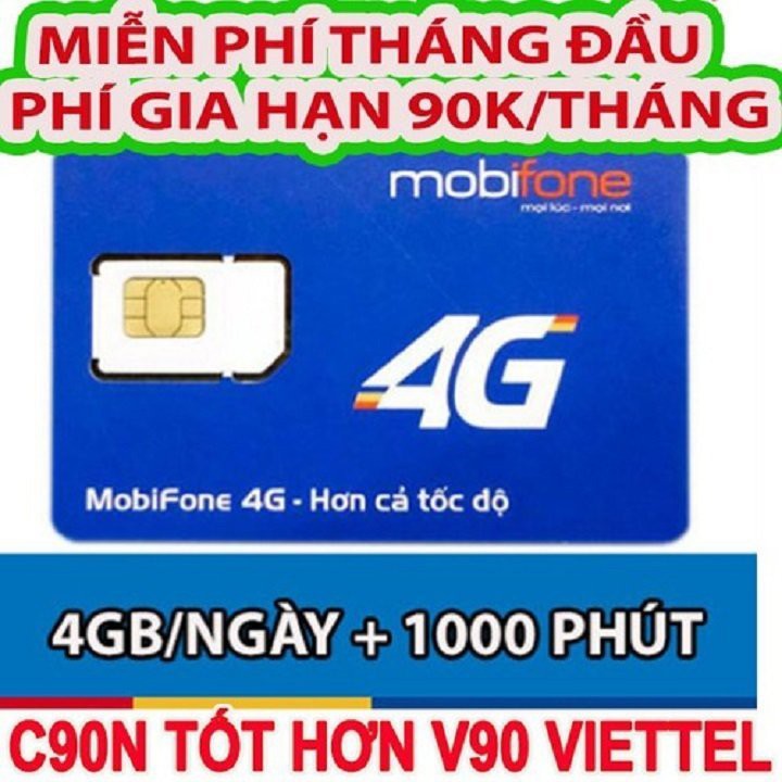 [Sẵn Tháng Đầu] Sim 4G Mobifone C90N có 4Gb/ngày free gọi Nội Mạng Mobi, 50p Ngoại Mạng