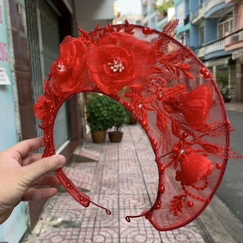 Mấn lưới cô dâu hoa voan đính ren