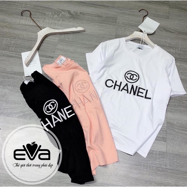 Áo thun nữ hoạ tiết thêu Chanel cotton thoáng mát, áo phông nữ kiểu dáng đẹp Eva