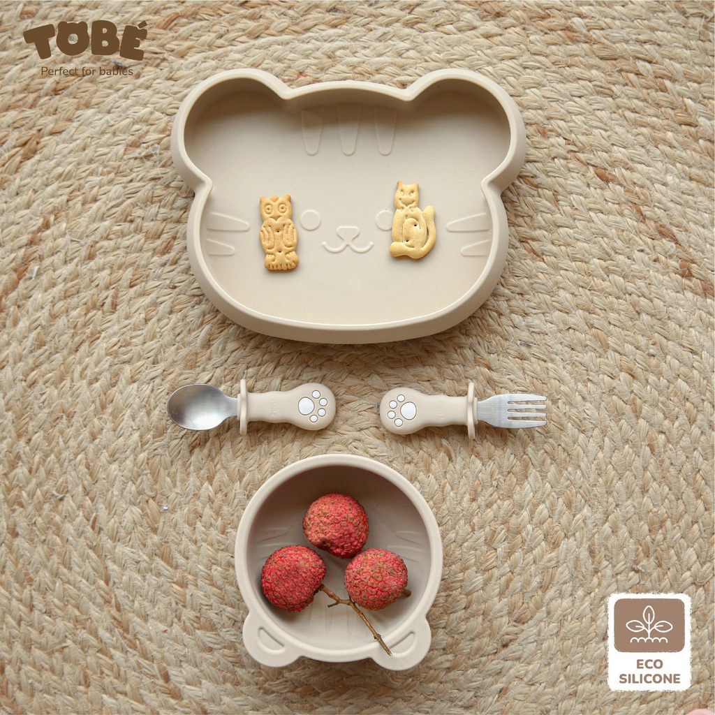Thìa Dĩa, Bát, Khay Ăn Dặm Chống Lật TOBE Hình Hổ Chất Liệu Eco Silicone cao cấp, không mùi, an toàn cho bé - Timikid