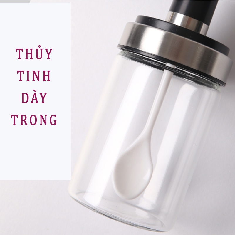 Combo 04 Hũ Đựng Gia Vị, Lọ Đựng Gia Vị Thuỷ Tinh Viền Inox Kèm Muỗng