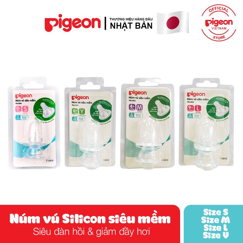 Núm vú PIGEON, Núm vú cổ hẹp silicone siêu mềm vĩ 2 cái size S,M,L,Y, LL