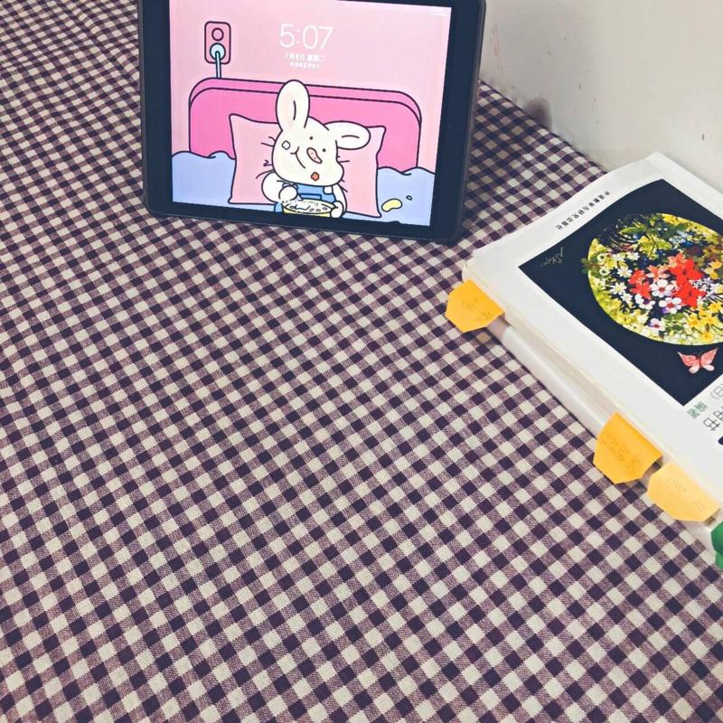 Khăn Trải Bàn Chất Liệu Cotton Và Gai Dầu Họa Tiết Sọc Caro Màu Tím Phong Cách Nhật Bản