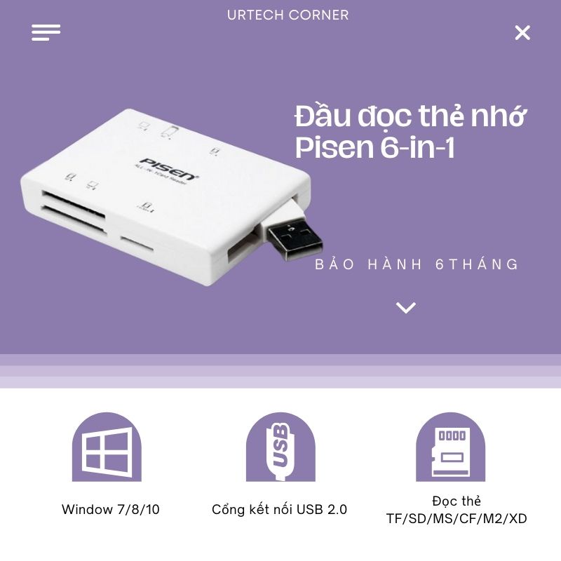 Đầu đọc thẻ nhớ Pisen Urtechconer sử dụng cho các loại thẻ TF/SD/MS/XD/M2 cổng cắm USB 2.0 kết nối dễ dàng với máy tính