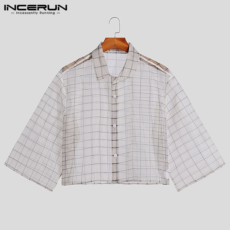 Áo sơ mi croptop INCERUN tay ngắn dáng rộng cài khuy kẻ sọc ca rô thời trang cho nam