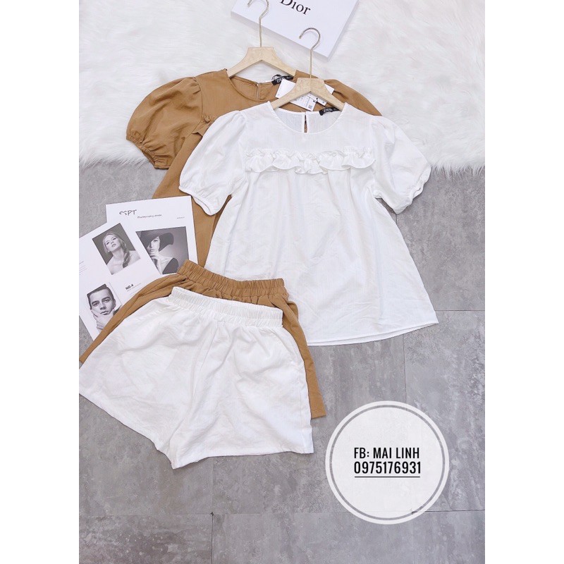 ⚡️BÁN SỈ⚡️Set đồ áo bèo tay bồng 2 màu trắng nâu