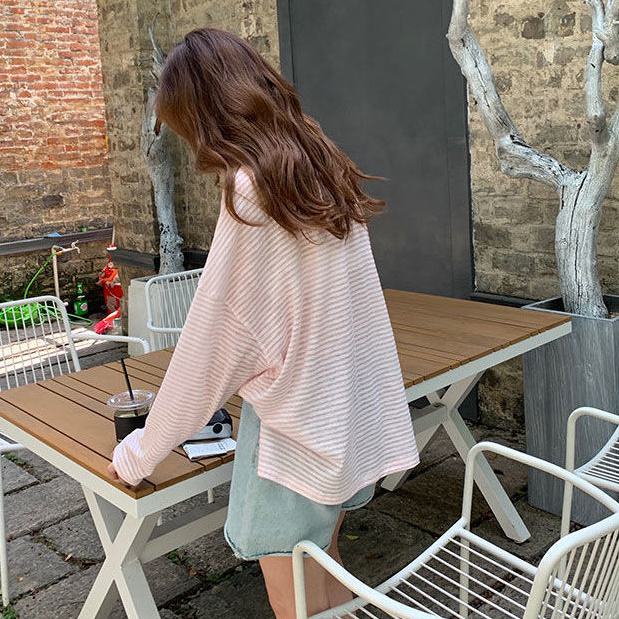 Áo Thun Tay Dài Dáng Rộng Họa Tiết Kẻ Sọc Ngang Phong Cách Hàn Quốc Thời Trang Mùa Thu Cho Nữ