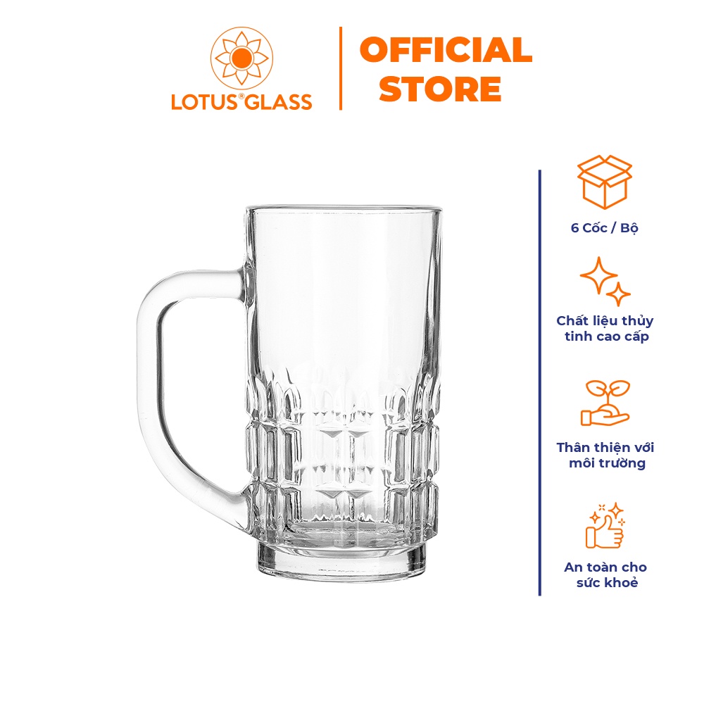 Bộ 6 cốc uống bia thủy tinh LOTUS GLASS VTC50 trong suốt có quai cao cấp, an toàn