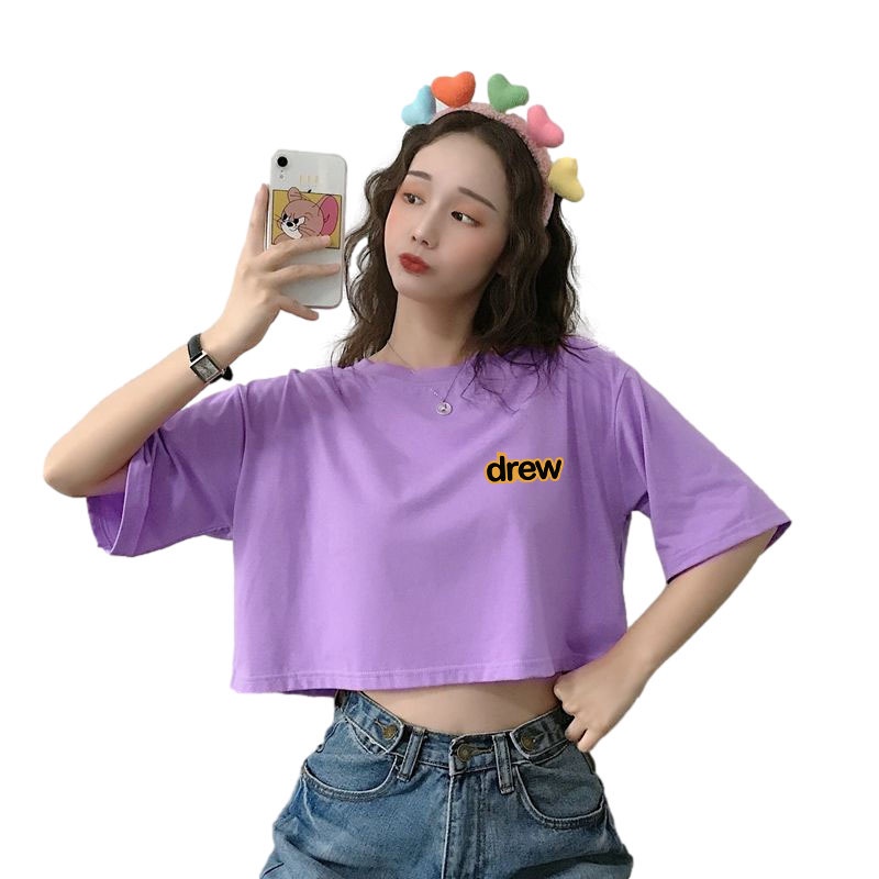 Áo Thun Crotop Form Rộng Tay Ngắn Chất Cotton Mền Mại In Chữ DREW Ulzzang Style Hàn Quốc TTT0138