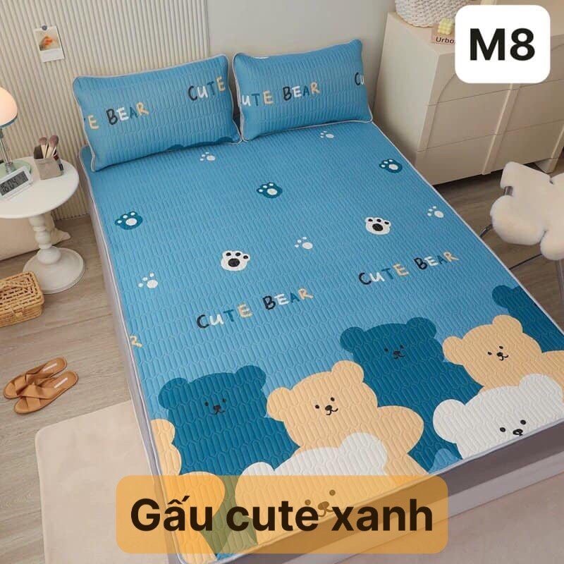 Chiếu điều hòa cao su non 5D Tencel,kích thước m6/m8, mẫu gấu cute xanh