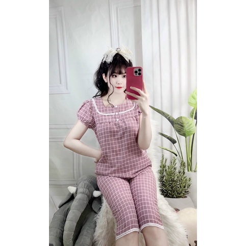 Đồ bộ nữ mặc nhà mùa hè quần lửng vải đũi Hàn siêu mềm mát màu kẻ ô thời trang
