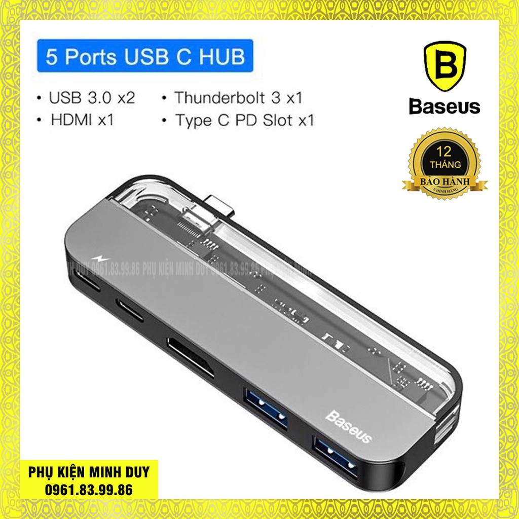 Hub đa năng Baseus Transparent Series 5 in 1 Multifunctional dùng cho Macbook/iPad Pro (Single C to C*2+USB3.0*2+HDMI)