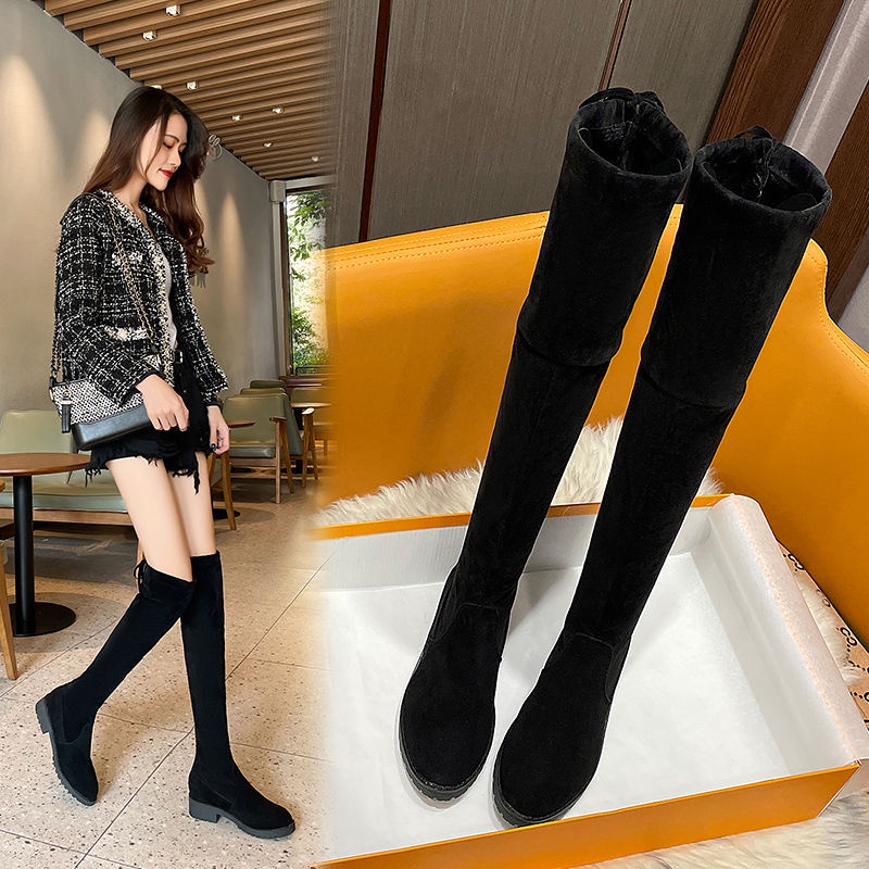 Giày bốt cổ cao quá gối đế bằng co giãn thiết kế mới phong cách Hàn Quốc dành cho nữ 2021