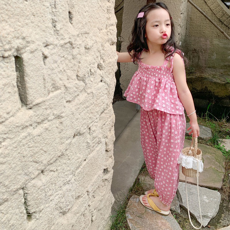 Se7en Bộ Áo Hai Dây In Hoa + Quần Dài Chống Muỗi Mùa Hè Cho Bé Gái