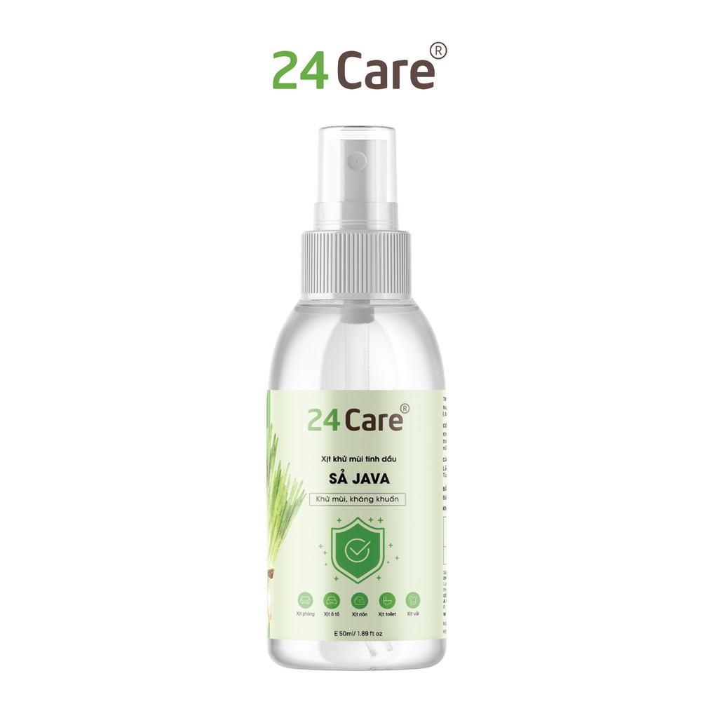 Xịt Phòng Tinh Dầu Sả JaVa Hữu Cơ Organic 24Care 50ml - Kháng khuẩn - Khử mùi hôi - Đuổi muỗi, kiến ba khoang, côn trùng