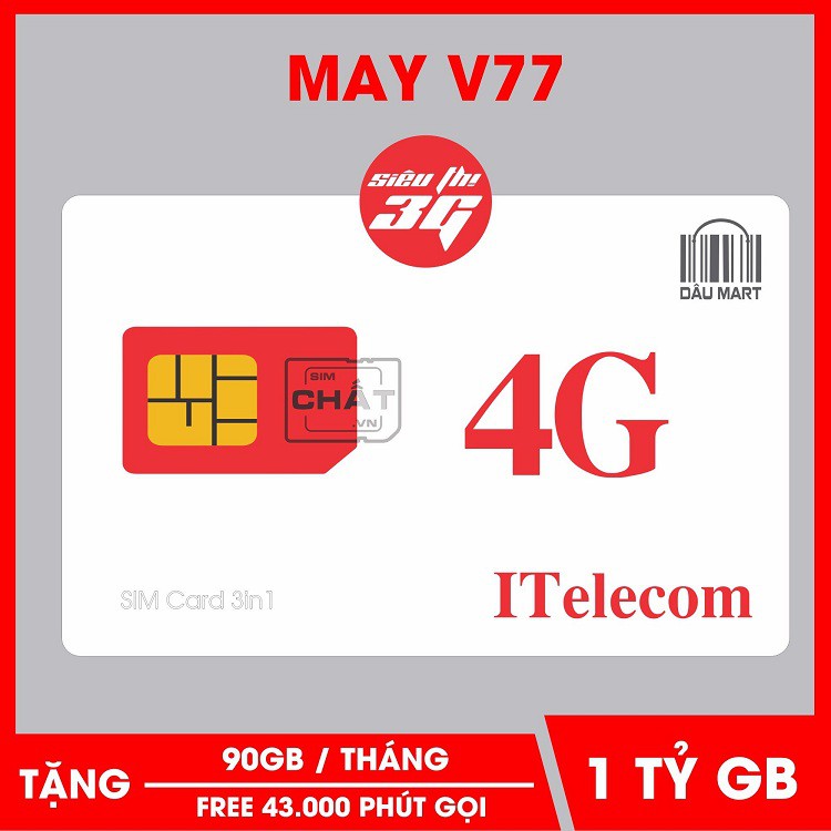 Sim 4G Vinaphone Gói ITELECOM - Vina gói MAY77 - 90Gb/Tháng - Gọi Miễn Phí Vinaphone - Giá Siêu Rẻ