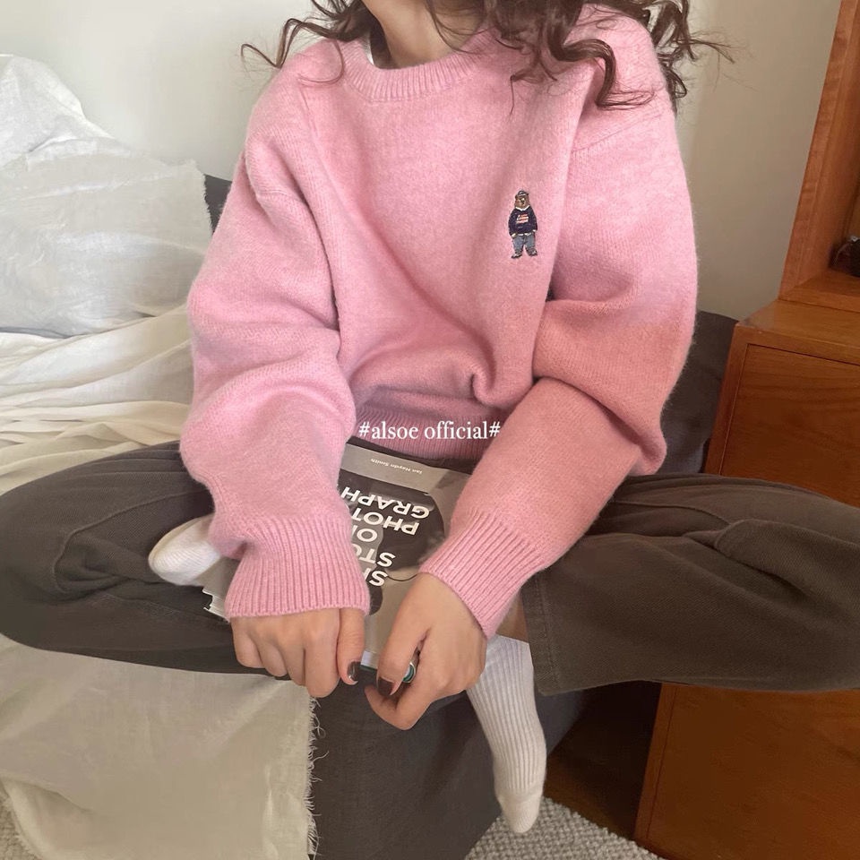 Áo Sweater Cổ Tròn Thêu Hình Gấu Hoạt Hình Phong Cách Hàn Quốc Cho Nữ