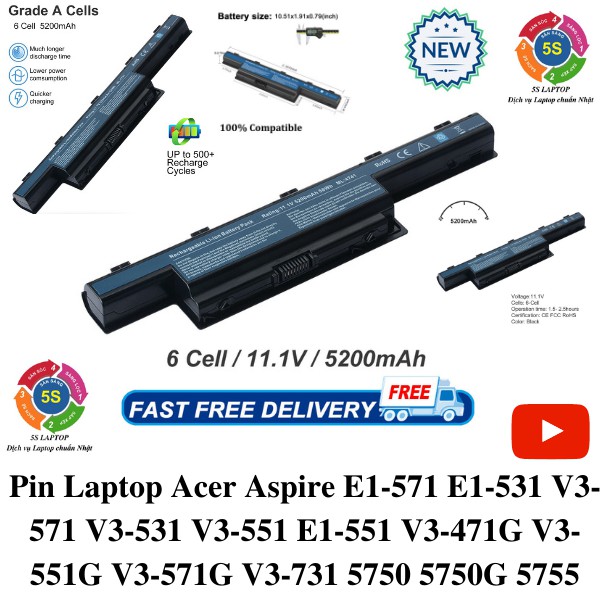 💥SIÊU RẺ💥 Pin Laptop Acer Aspire E1-571 E1-531 V3-571  E1-551 V3-471G V3-551G V3-571G V3-731 5750 5750G 5755