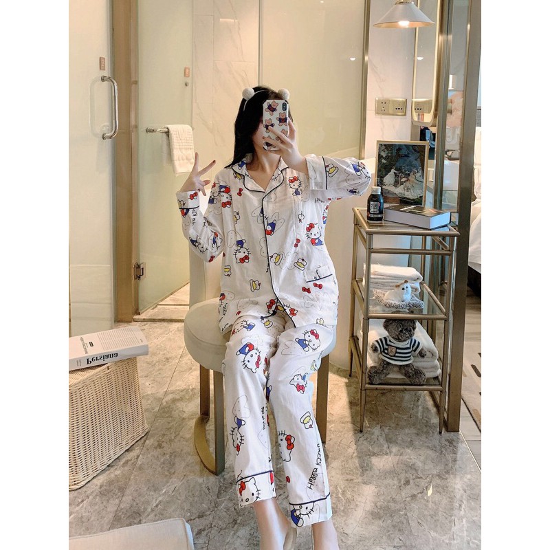 Pijama Sau Sinh Cho Con Bú Chất Xô Nhật Tay Dài Quần Dài Hoạ Tiết Hello Kitty Mẫu Mới 2021