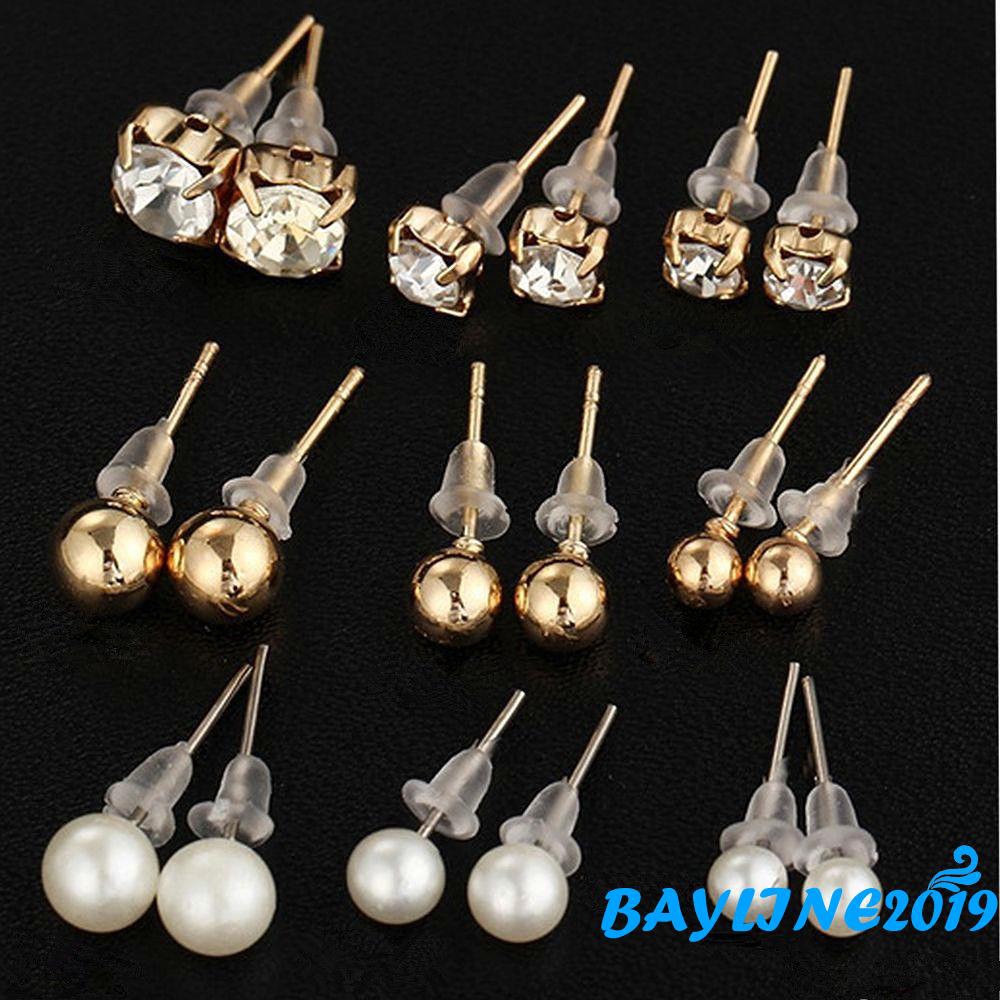 Set 9 đôi khuyên tai đính đá và ngọc trai thời trang thanh lịch dành cho nữ