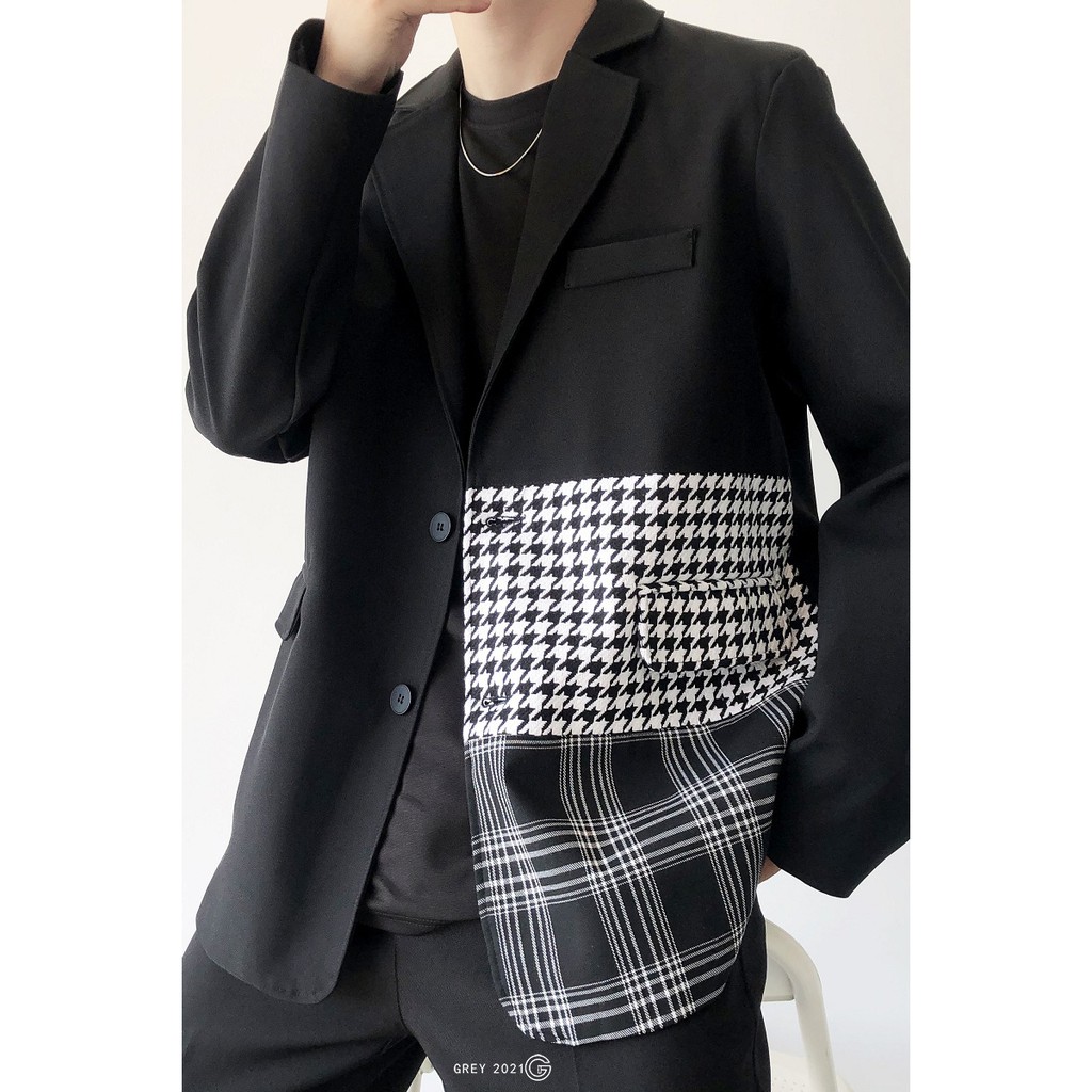 Áo khoác blazer vest nam from rộng màu kẻ đen phong cách Hàn Quốc Menstore90