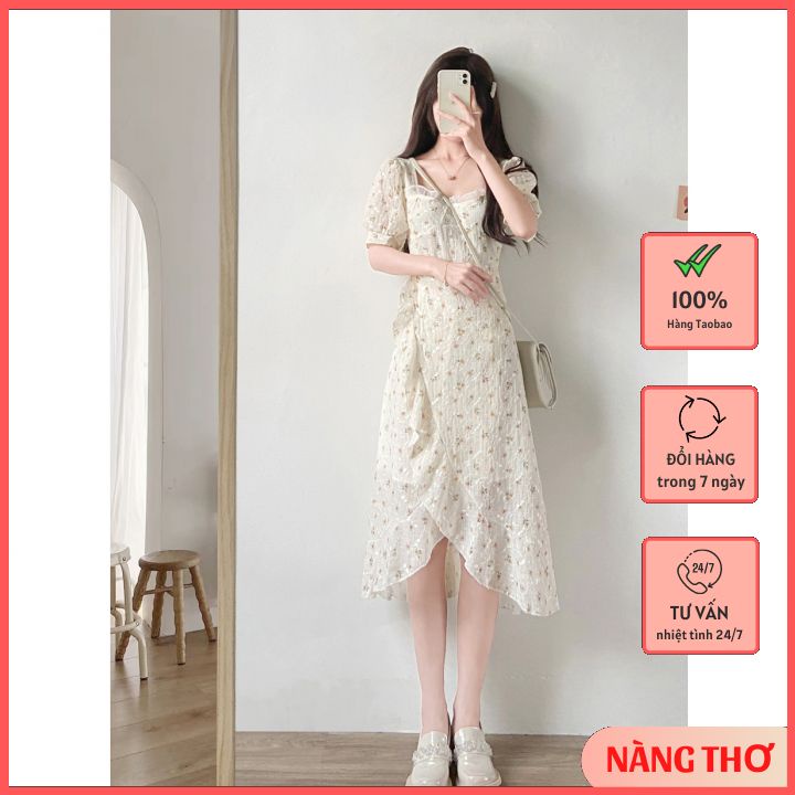 Váy Hoa Nhí Cổ Vuông Vạt Chân Váy Chéo Phong Cách Hàn Quốc