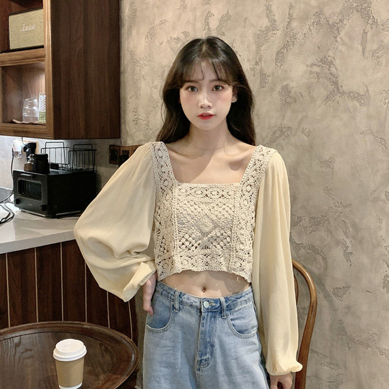 Áo voan chiffon tay dài phối ren phong cách Hàn Quốc cho nữ