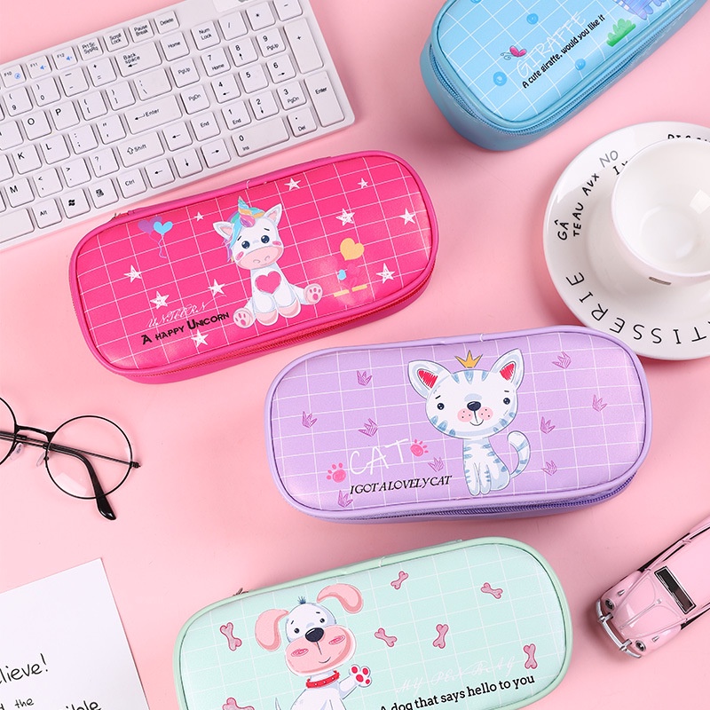 Bóp viết da PU 2 tầng hình động vật cute, hộp bút hình thú cưng màu sắc kiểu Hàn Quốc