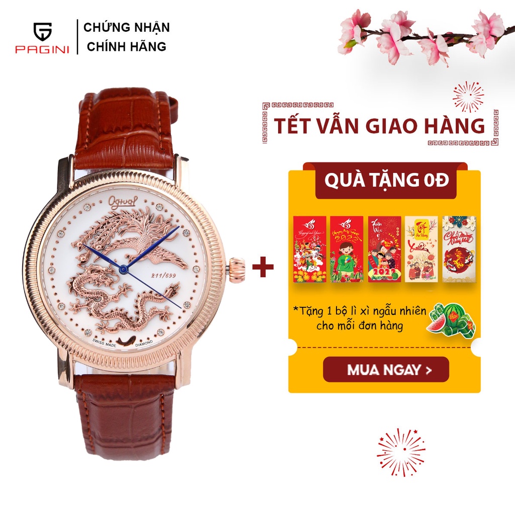 Đồng hồ nam dây da nâu Pagini OG003237 hoạ tiết long phụng sang trọng, hợp phong thuỷ, chống nước tốt - Bảo hành 1 đổi 1 | BigBuy360 - bigbuy360.vn