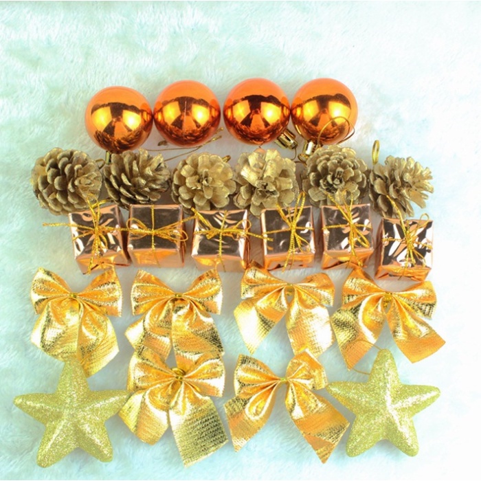 Hộp phụ kiện nhí 24 món trang trí cây thông PK01 vàng đồng nơ