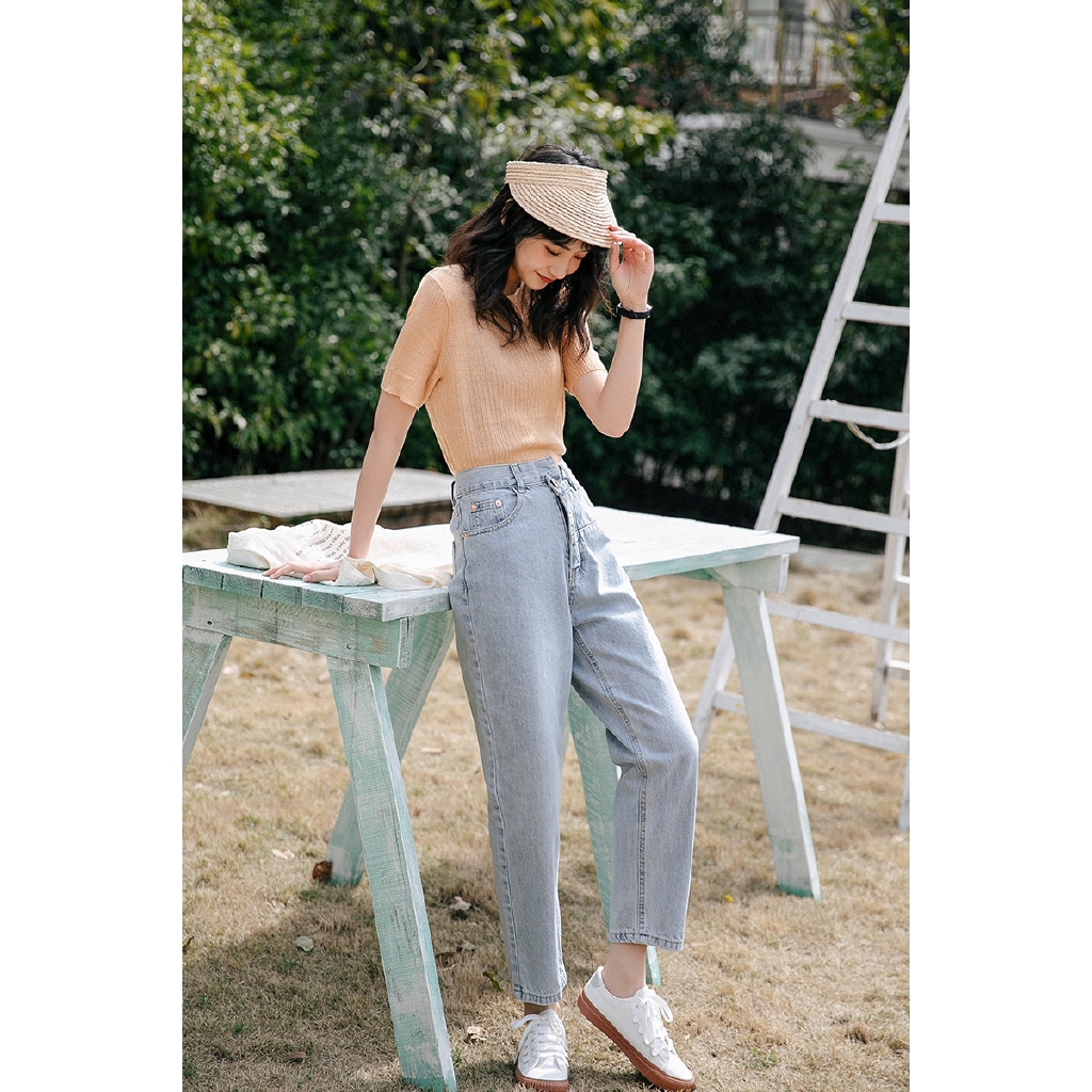 Retro Korean Women High Waist Denim Trousers Plain Street Jeans