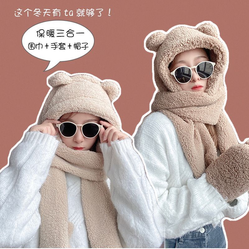 XPK446 SIÊU SALE Mũ bông cừu tai gấu kèm khăn quàng cổ và găng tay phụ kiện thời trang Hàn Quốc