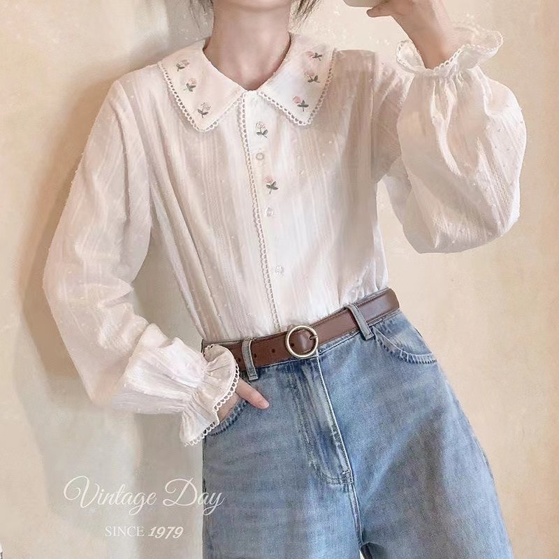 Hàng Mới Về Áo Sơ Mi Tay Dài Vải Cotton Dáng Rộng Thêu Hoa Phong Cách Hàn Quốc Cho Nữ Hàng Mới
