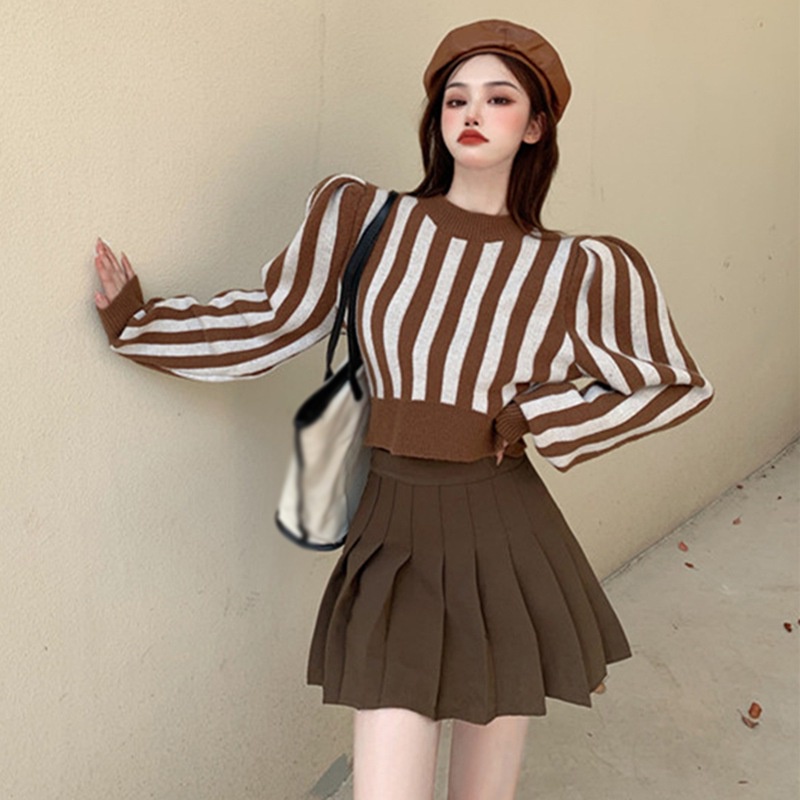 Áo len tay dài dáng rộng họa tiết kẻ sọc màu sắc ngọt ngào phong cách Hàn Quốc