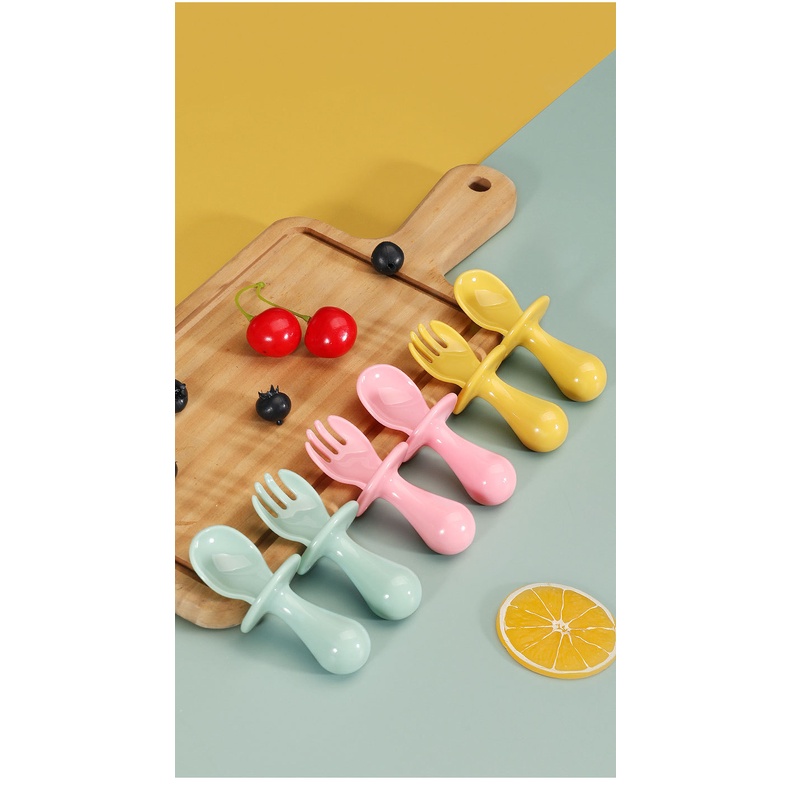 Bộ Thìa Dĩa tập xúc cán ngắn cho bé tập ăn dặm, có nút chặn chống hóc [Olala Baby]