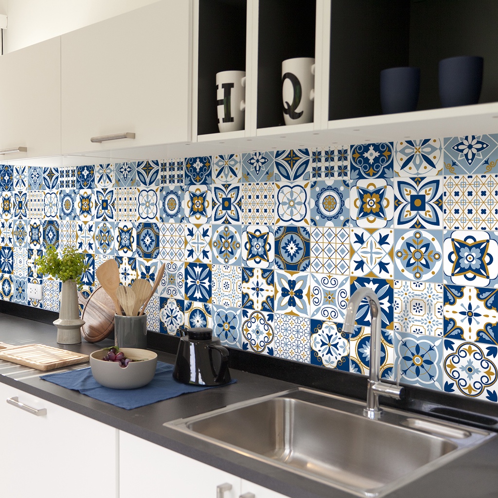 Set 32 ô decal gạch bông dán tường, dán bếp