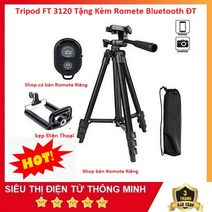 Tripod, Giá Đỡ Điện Thoại Máy Ảnh Tặng Remote Bluetooth Kẹp Điện Thoại - gậy Chụp Hình TF-3120