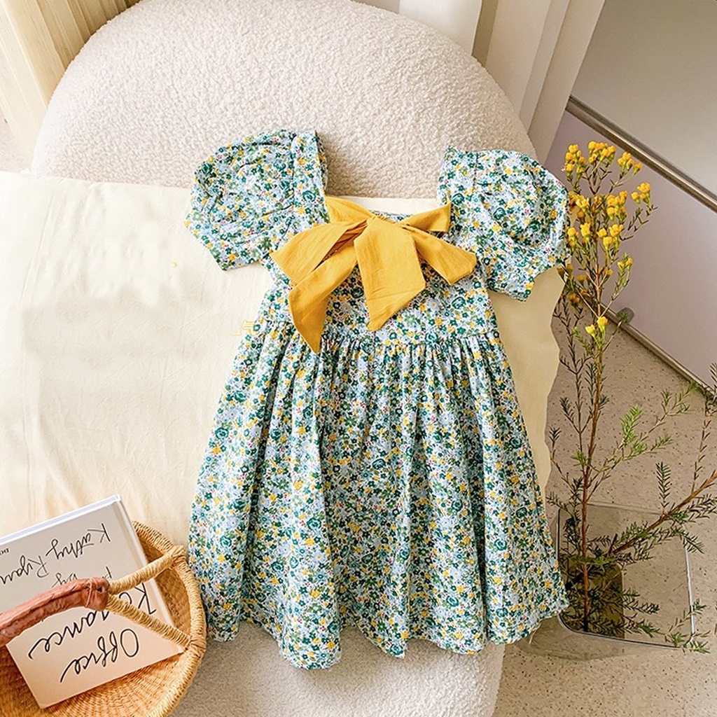 Váy Bé Gái Thiết Kế Họa Tiết Hoa Tôn Dáng Diệu Dàng Tiểu Thư, Chất Cotton Thô Mềm Kết Hợp Nơ Khóa Sau KEYER KID VN16
