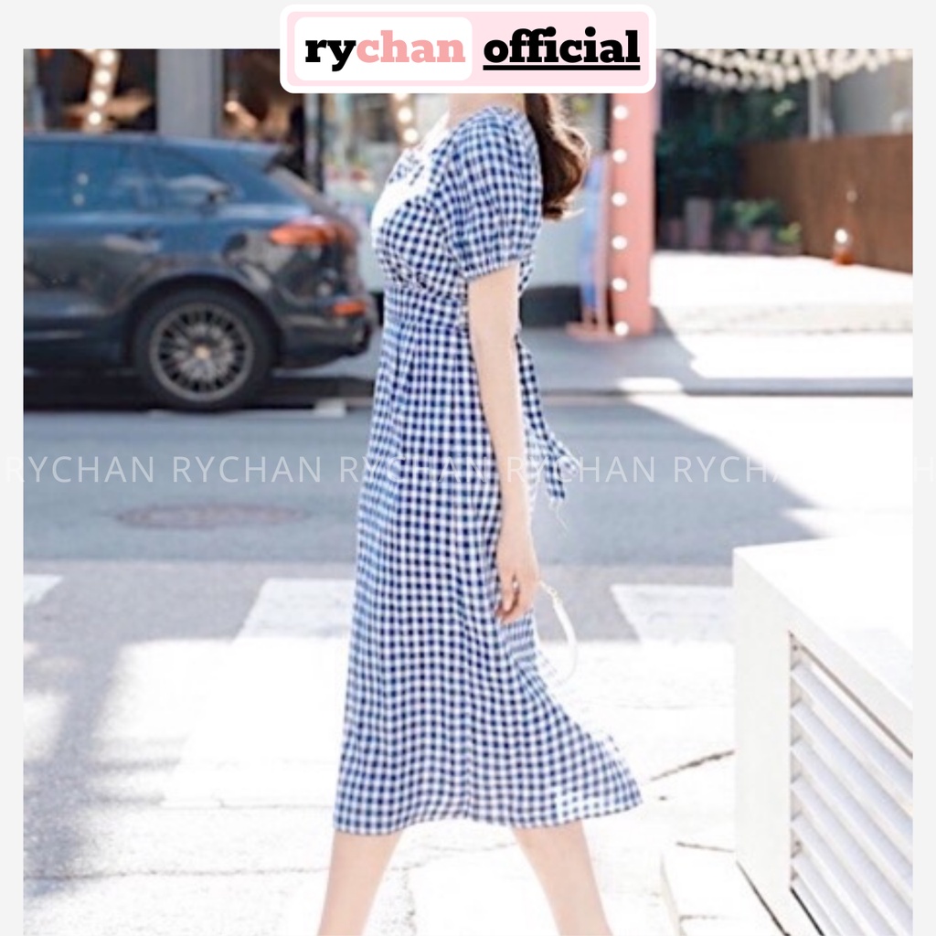 Đầm Nữ Đi Chơi Caro Cổ vuông Tay Ngắn Phồng Bo Eo Retro, Đầm Nữ Vintage Màu Xanh[ẢNH THẬT CUỐI] - DX9856