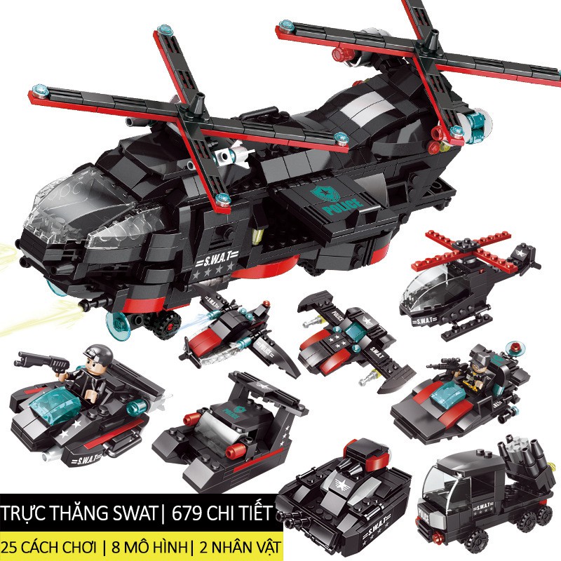 Đồ chơi Lego Máy Bay trực thăng Cảnh Sát Lego SWAT SW679 chi tiết màu đen