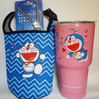 COMBO LY GIỮ NHIỆT DOREMON HỒNG 900ML ĐỦ PHỤ KIỆN