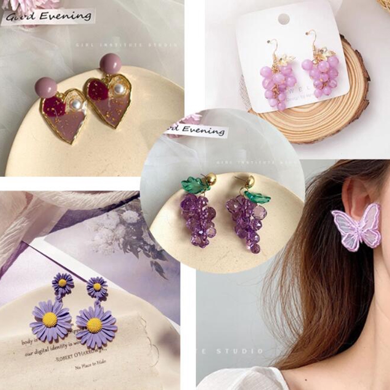 Bông tai dài hình bướm đính đá màu tím phong cách retro