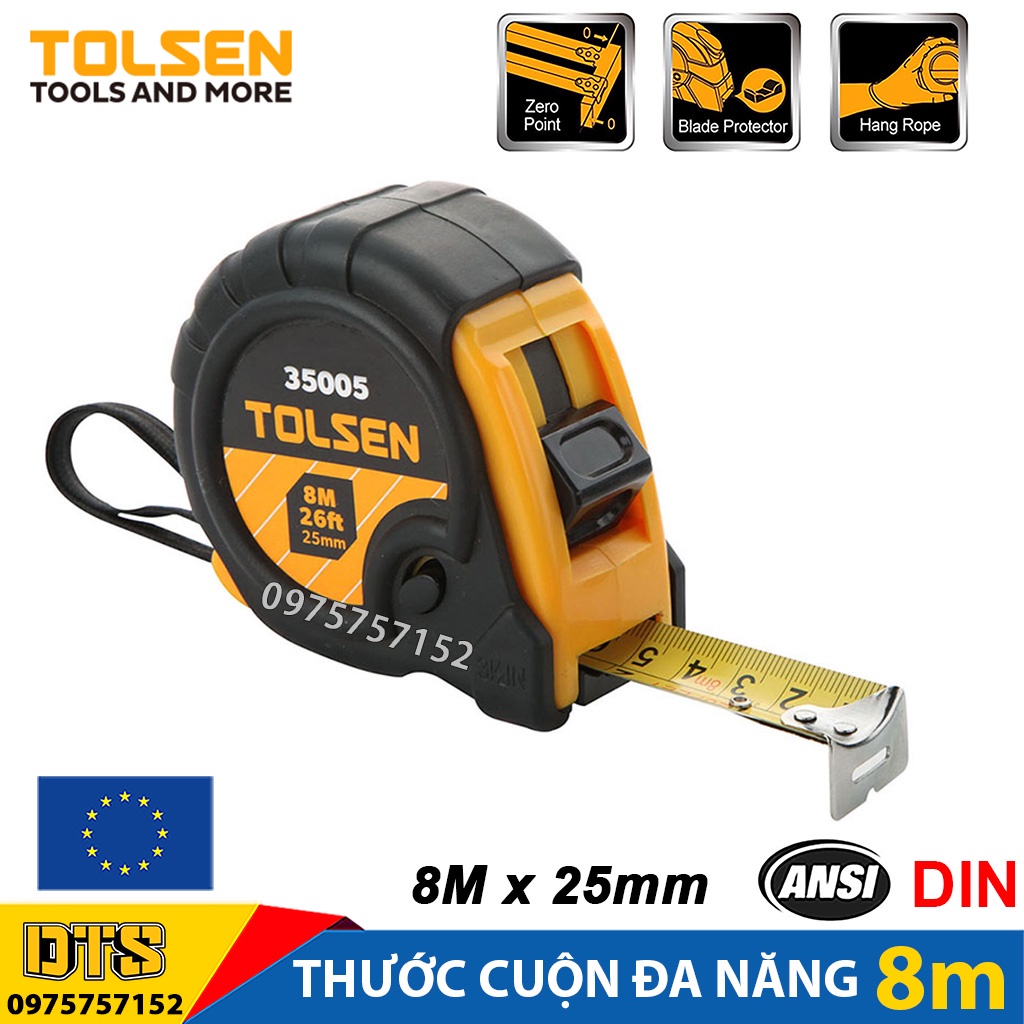 Thước cuộn đa năng 8m TOLSEN, thước kéo thép khóa 3 trong 1 nền vàng vỏ ABS chống va đập phủ TPR – Tiêu chuẩn châu Âu