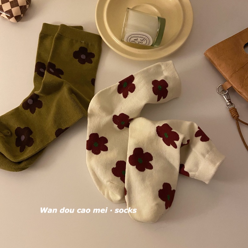 Vớ Cotton Cổ Cao Họa Tiết Bông Hoa Phong Cách Hàn Quốc Thời Trang Xuân Thu Cho Nữ