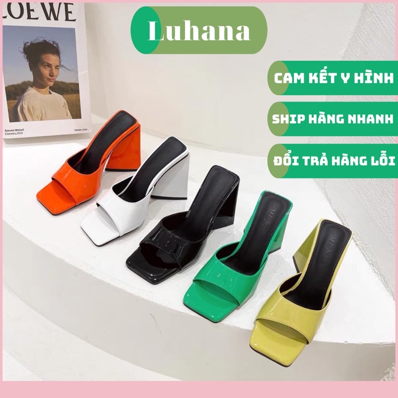 Giày guốc cao gót tam giác Luhana quai ngang hở mũi vuông thời trang siêu hot.Ms: Gót Tam Giác
