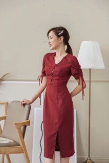 Đầm cổ tim phối nút trắng - đỏ ( Kèm hình chụp thật 100%)