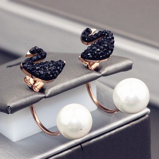 Bông tai Swarovski họa tiết chim thiên nga màu đen đính ngọc trai giả xinh xắn