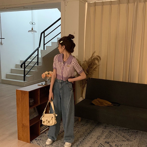 Áo Sweater Dệt Kim Tay Ngắn Kẻ Sọc Phong Cách Hàn Quốc Thời Trang Mùa Xuân Mới Cho Nữ